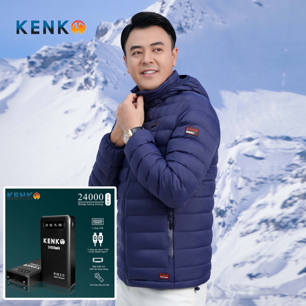 Áo sưởi ấm Nhật Bản KENKO 7 tấm nhiệt kèm pin 24000mAh,áo sưởi chống mưa cao cấp