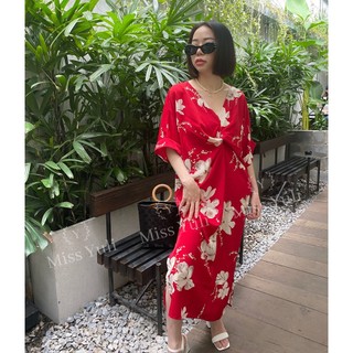 Đầm lụa xoắn eo freesize họa tiết hoa văn