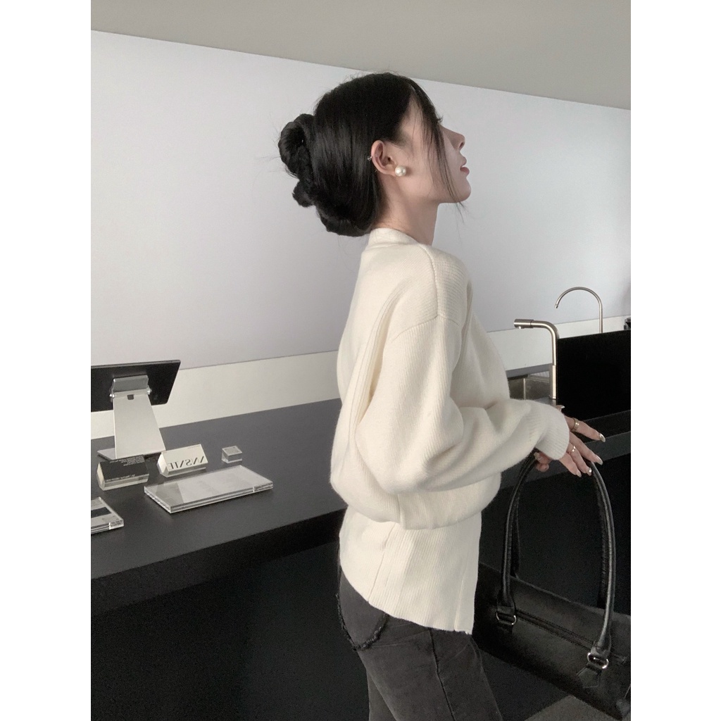 Áo khoác cardigan ZHELIHANGFEI dệt kim tay dài cổ chữ V màu trắng thanh lịch cho nữ