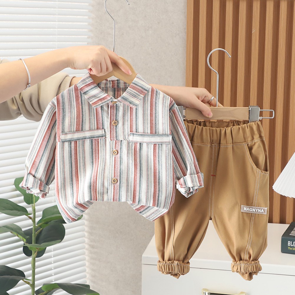 Set Áo Sơ Mi Kẻ Sọc + Quần Dài Phong Cách Hàn Quốc Cho Bé