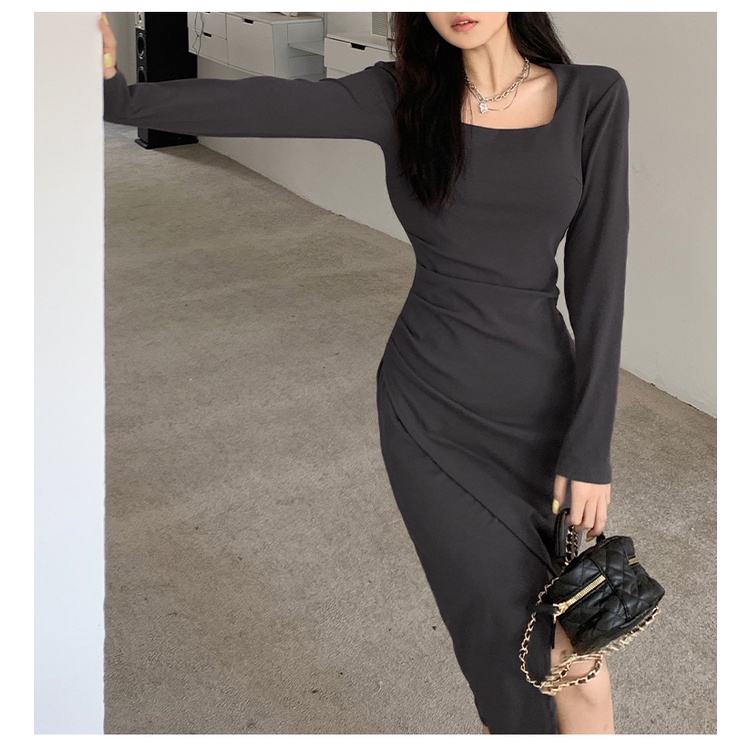 ZHELIHANGFEI Váy Pháp dài tay, nhiệt độ khe cao eo thon gợi cảm chân váy midi.
