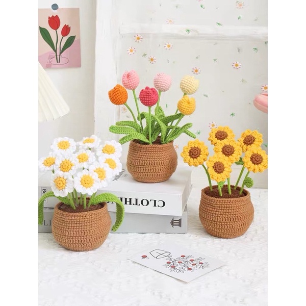 DIY Gói Nguyên Liệu Móc Chậu Hoa Len 🌷 🌼🌸🌹 🌻 - Quà Tặng Handmade Tự Làm Decor