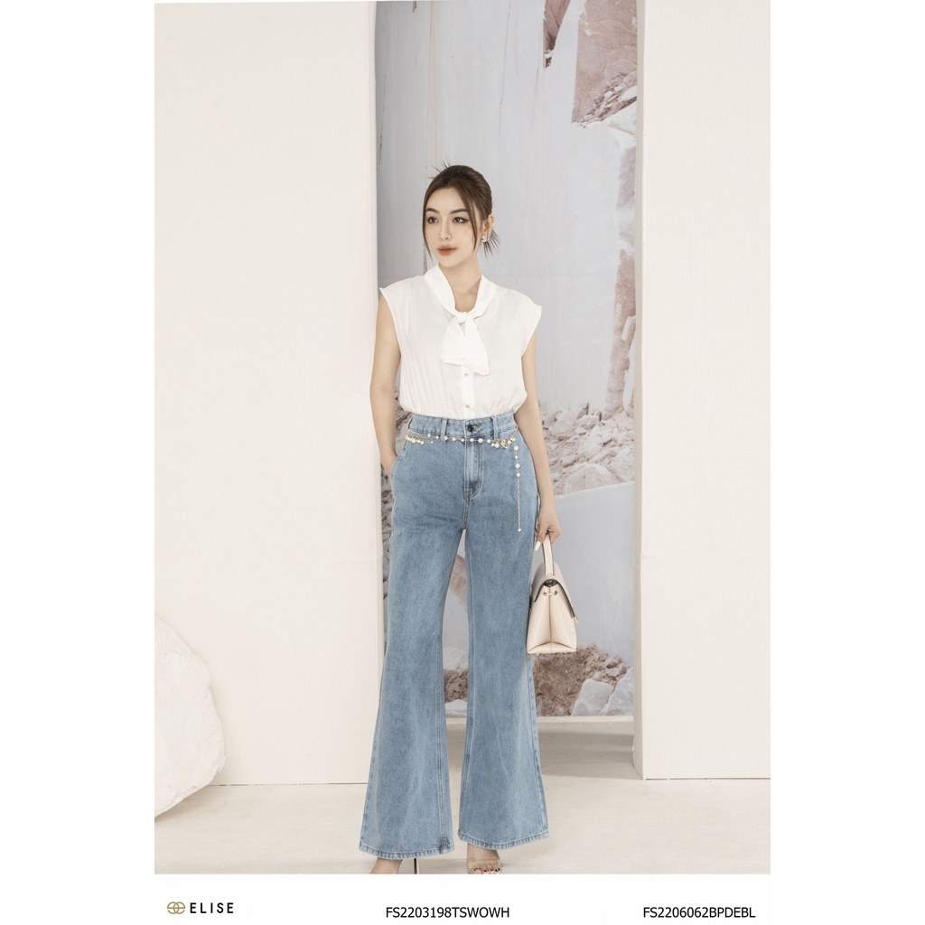 Quần jeans suông xanh túi sườn thiết kế Elise FS2206062BPDEBL