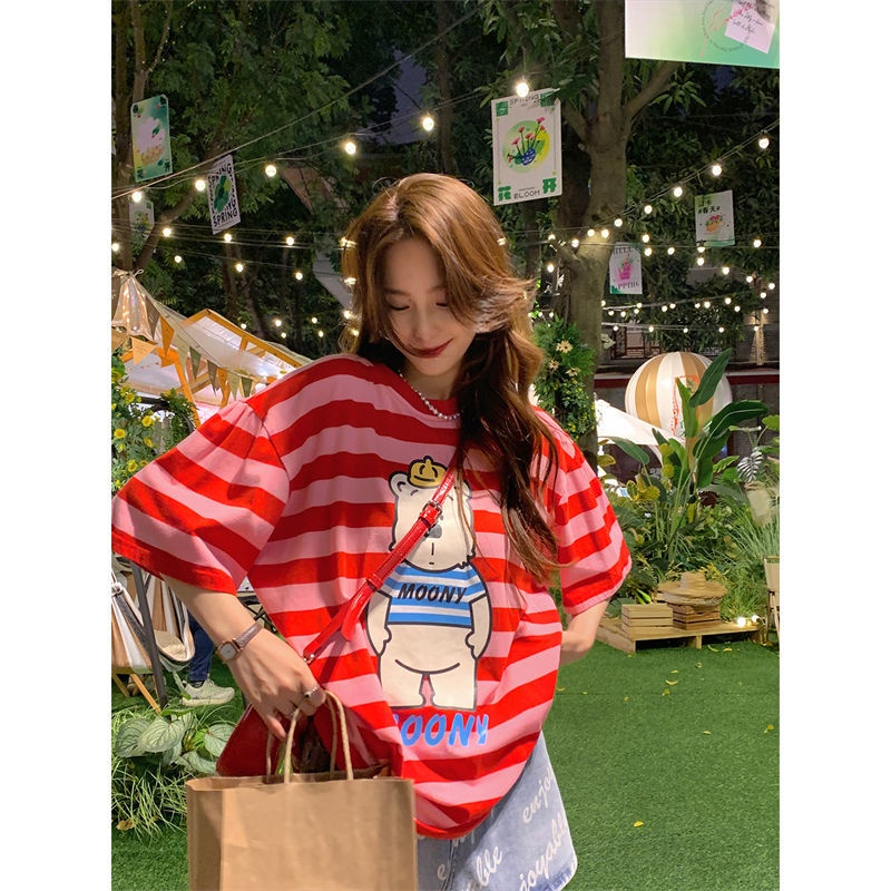Áo Thun Ngắn Tay Họa Tiết Sọc Ngang Thời Trang Dành Cho Nữ
