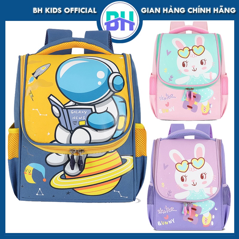 Balo dáng hộp BH Kids, vải Polyester chống thấm nước, phản quang phát sáng - Phù hợp với bé mẫu giáo, lớp 1 - BHS73