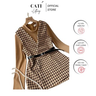 Set bộ áo khoác gile chất dạ họa tiết kẻ karo phối váy xuông chất thun tăm đanh mịn co giãn tốt a1114