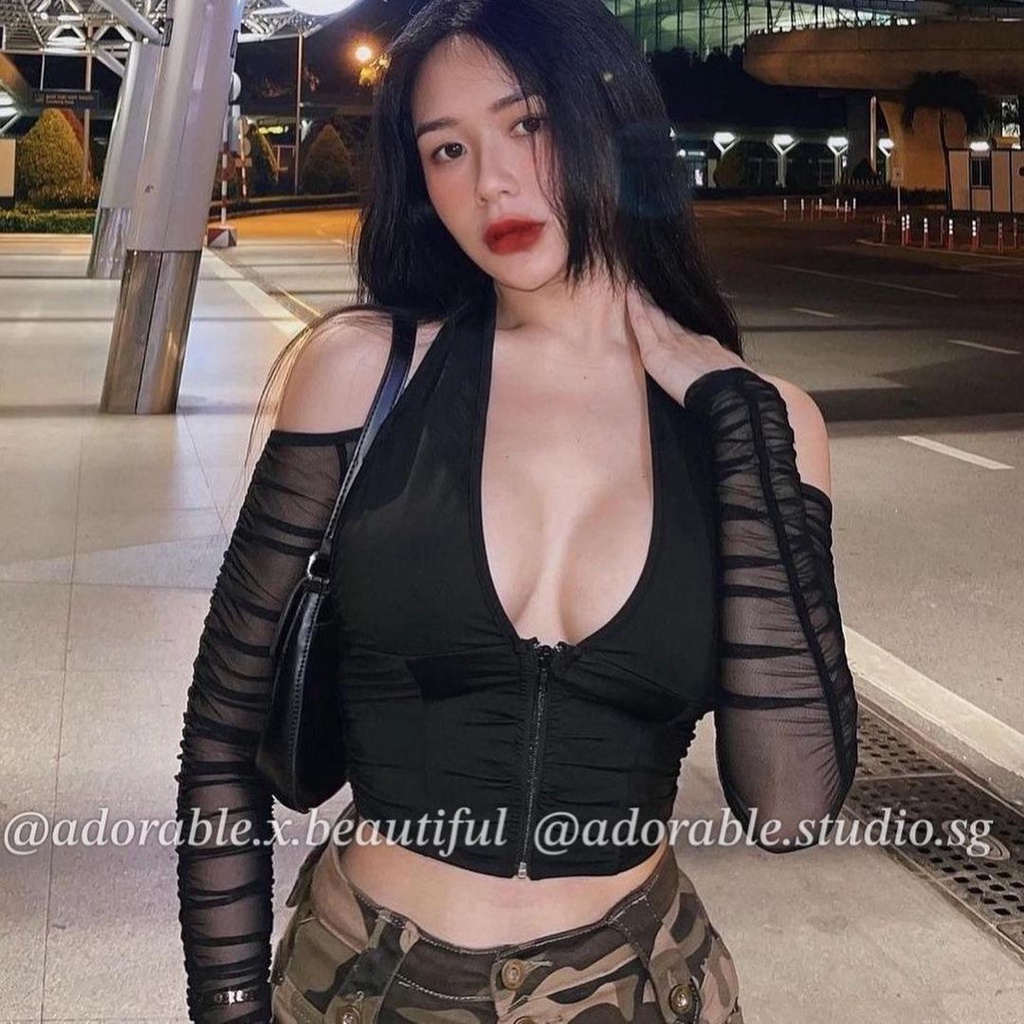 Áo Thun Tay Dài Phối Lưới Dây Kéo Cổ Tròng Đen Trơn Phong Cách Sexy Quyến Rũ