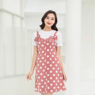 Đầm Đi Chơi NHẬT VY Chấm Bi Phối Nơ Chất Lụa Dáng Suông Màu Đen, Hồng, Đỏ - D1870