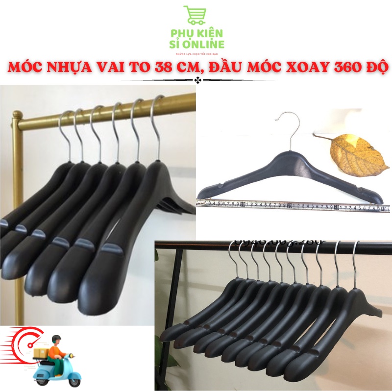 Móc áo, mắc áo đen vai to 38cm, móc áo có rãnh chắc chắn, đầu móc inox xoay 360 độ tiện dụng