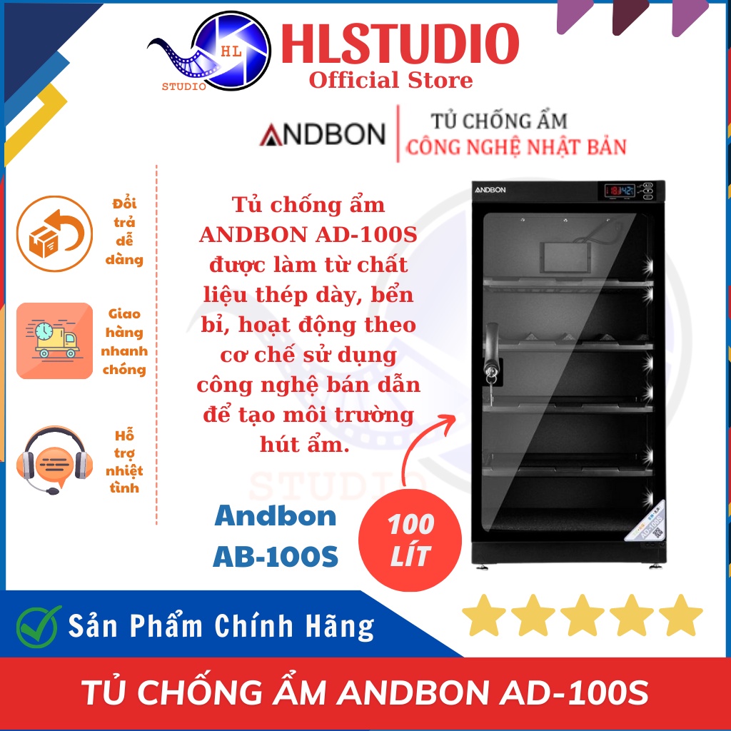 Tủ chống ẩm Andbon AD-100S (100 lít), hộp hút, chống ẩm HLSTUDIO, dùng chống ẩm máy ảnh, công nghệ cao, tiết kiệm điện