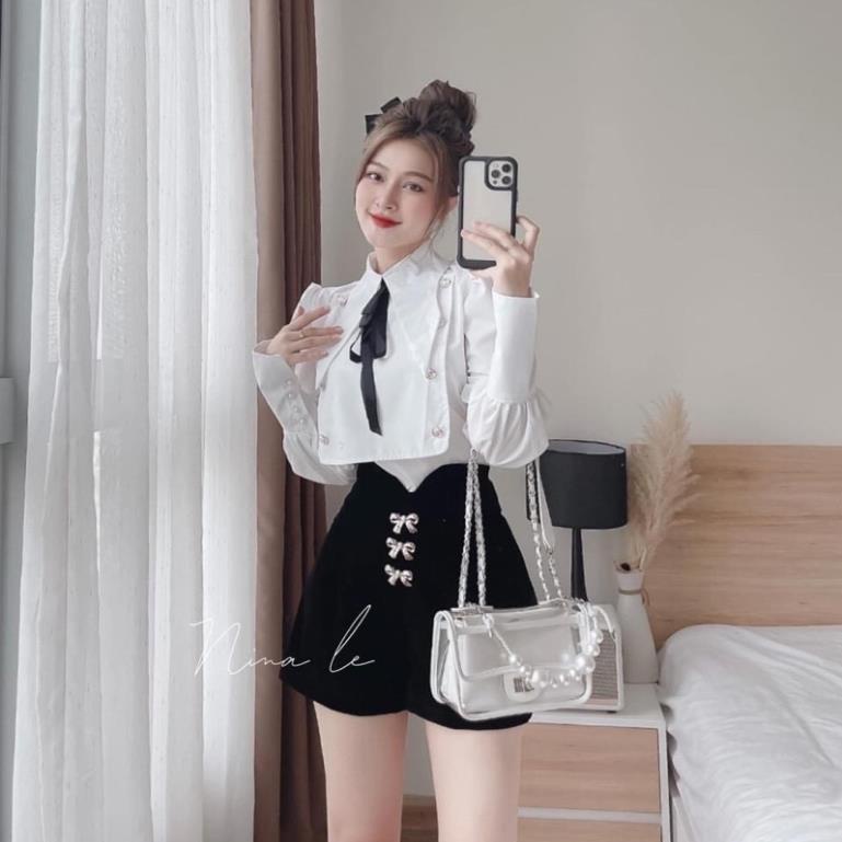 Set áo vạt yếm nơ cổ mix quần sooc nhung nơ hot hit Áo sơ mi thô lụa mềm đẹp, phối vạt cúc ngọc chuẩn mẫu