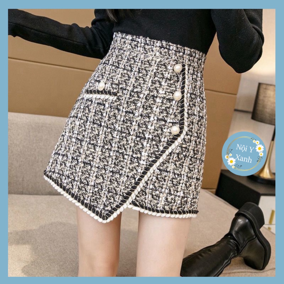 chân váy dạ nhung kim tuyến nữ-chân váy chữ A thiết kế phối cúc lệch uy quyền rét mướt CV66 Nội Y Xanh hot trend thu đôn
