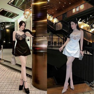 Đầm phi chữ A đắp chéo 2 dây hở ngực đính đá sexy Đen Trắng váy đi chơi dự tiệc sang trọng party sinh nhật hotgirl tk