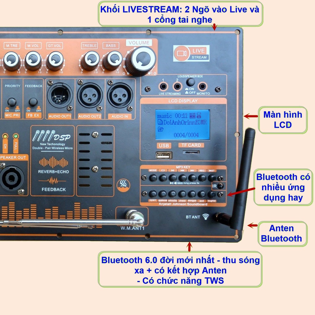 Mạch loa kéo 500W Reverb chống hú DSP Livestream Equalizer 5 Band  dùng 4 tay micro