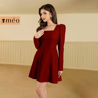 Váy liền nữ Méo shop vải nhung tay bồng cổ vuông chiết eo Lamyle