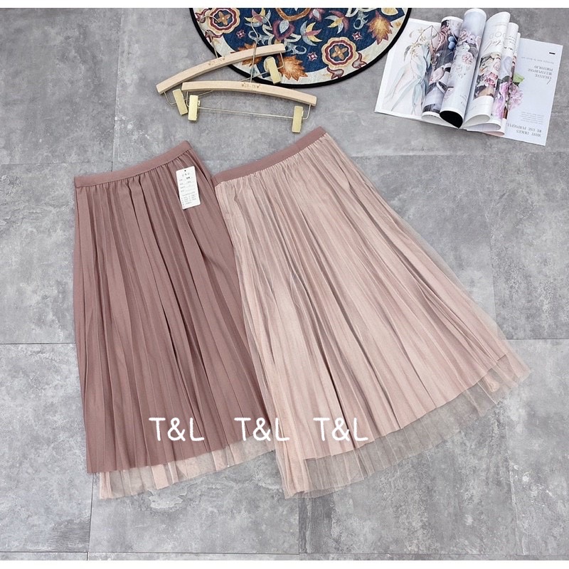 Chân váy xếp ly dài mặc được 2 mặt hàng QC L1