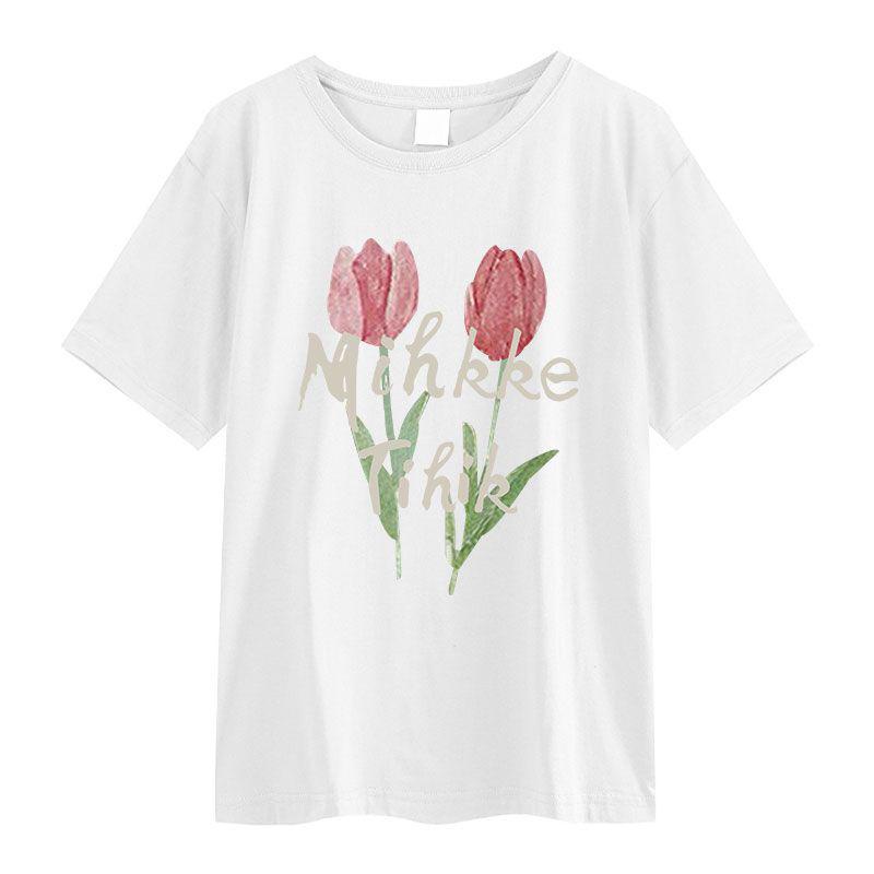 Áo thun SELVZE cotton tay ngắn dáng rộng in họa tiết hoa trẻ trung hợp thời trang cho bạn gái