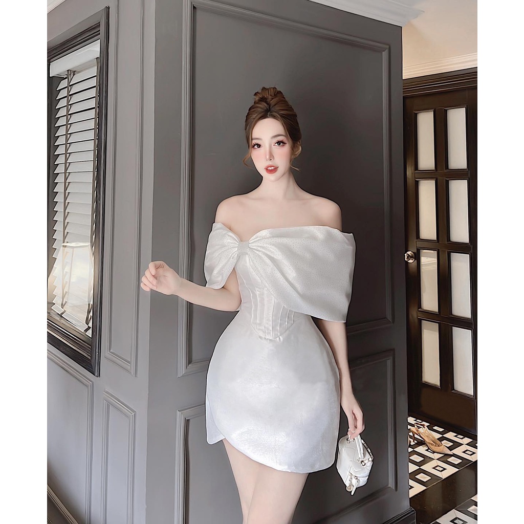 Đầm Body Dự Tiệc Trễ Vai Cúp Ngực Phối Nơ Lệch Vai - 2 Màu Trắng, Hồng - Vải Bố Xước Phối Kim Tuyến - Mã BO01