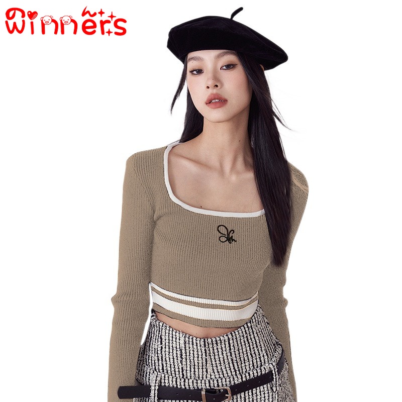 Áo Dệt Kim Tay Dài Cổ Vuông Màu Sắc Tương Phản Phong Cách Retro Dành Cho Nữ