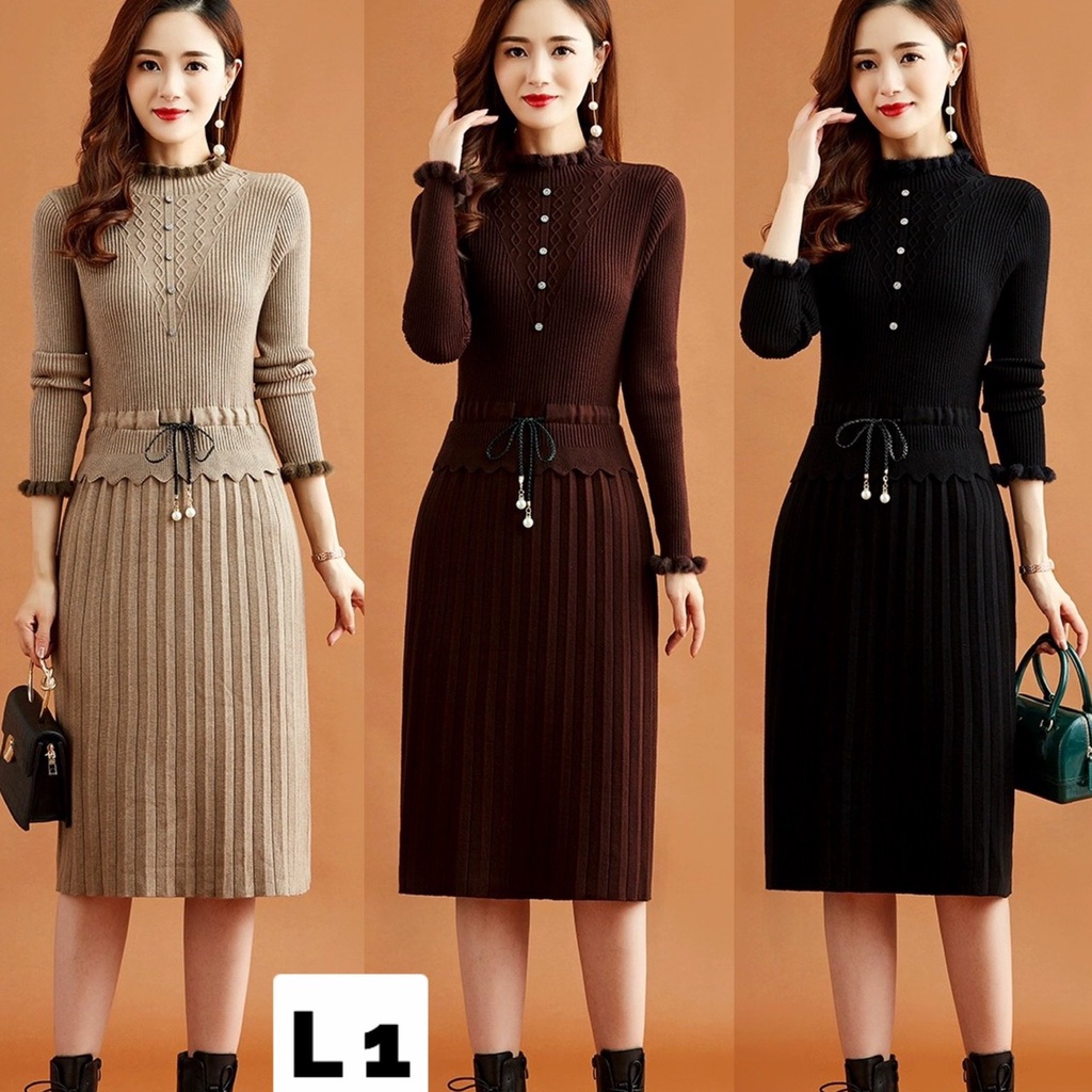 VÁY LEN QUẢNG CHÂU DÁNG DÀI, THẮT EO, CỔ TRÒN, DÀI TAY