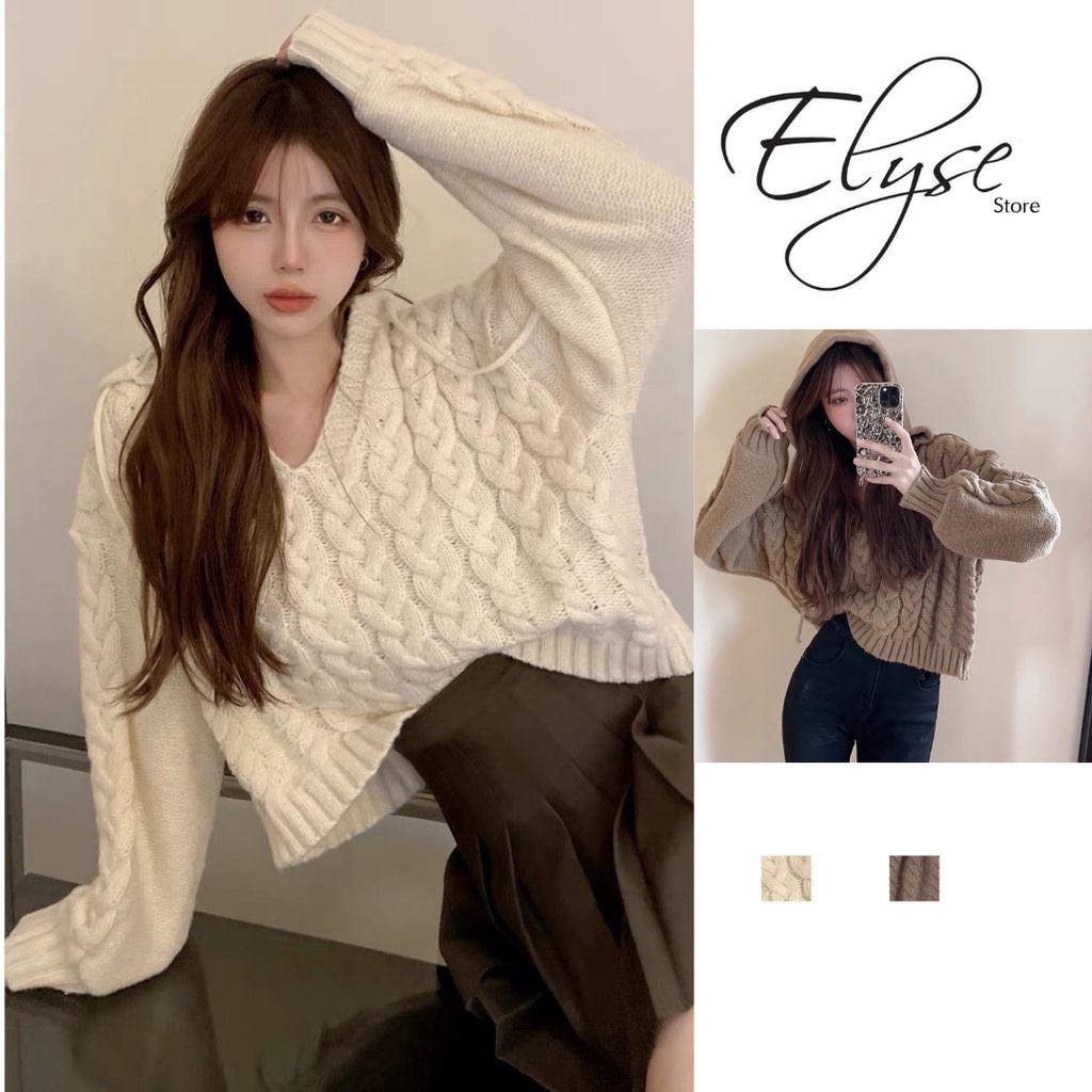 Áo len nữ có mũ/ áo Hoodie dệt kim vặn thừng form rộng thiết kế dây rút xinh xắn 2 màu kiểu Hàn Quốc