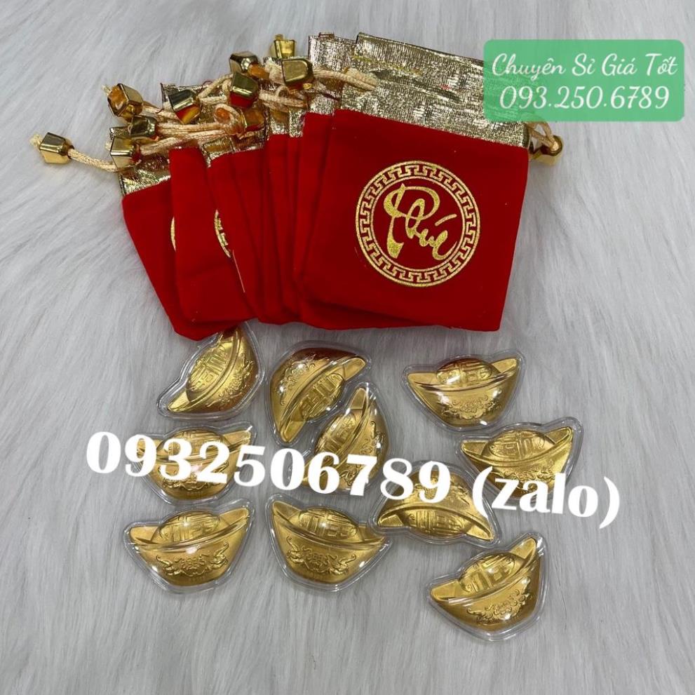 Sỉ Combo 10 Thỏi Vàng Tài Lộc Mạ Vàng Kèm Túi Gấm Phúc Lộc Phong Thủy , trưng bày hoặc làm quà tặng , Tết 2023