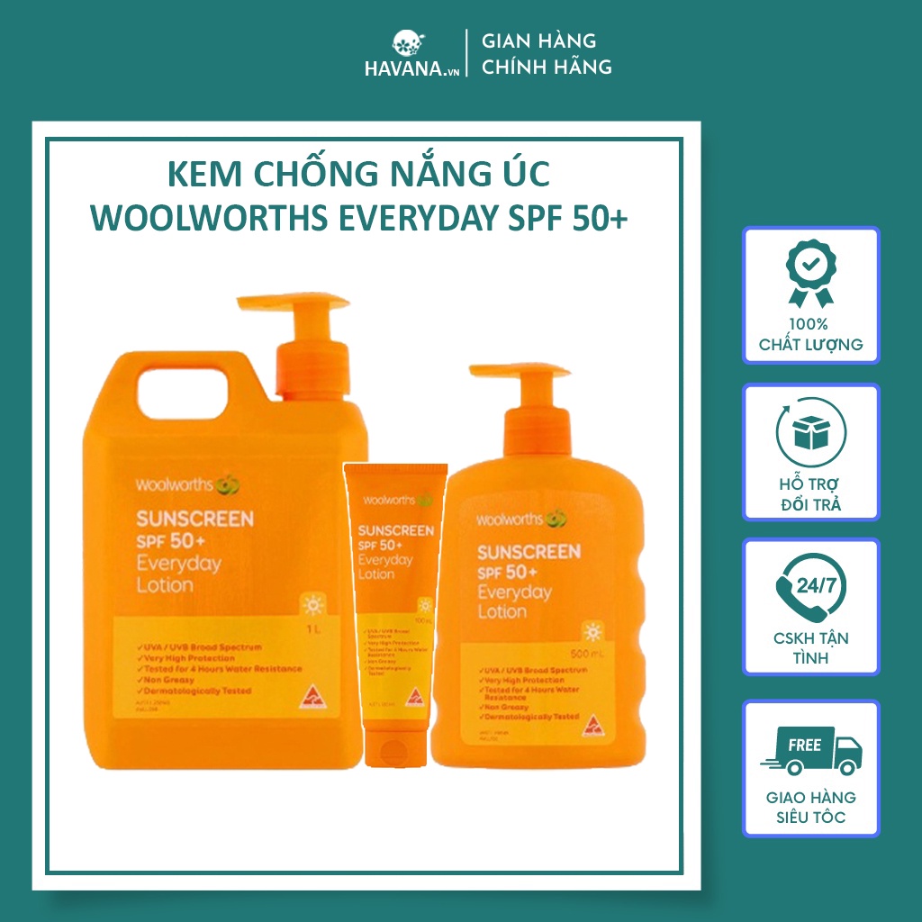Kem chống nắng Woolworths Everyday Sunscreen SPF 50+ Đủ Size Không Gây Nhờn Rít Dùng Được Cho Mặt Và Body