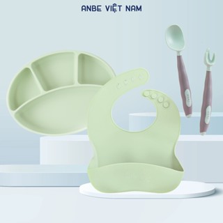  Combo khay yếm silicone thìa dĩa uốn cong 360 độ ăn dặm cho bé tập xúc ANBE Việt Nam kèm nắp kiểm định an toàn CBKYT 