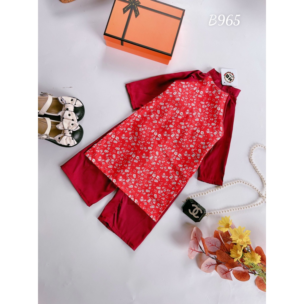 Áo dài hoa nhí size đại chất nhung lì phối quần lụa Hàn cho bé diện Tết