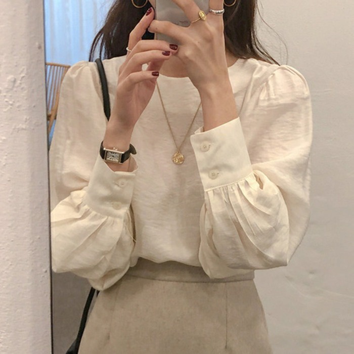 Áo kiểu nữ Tay dài Hàn Quốc công sở Thiết kế tay phồng đẹp sang chảnh Áo nữ kiểu babydoll cổ tròn Thời trang
