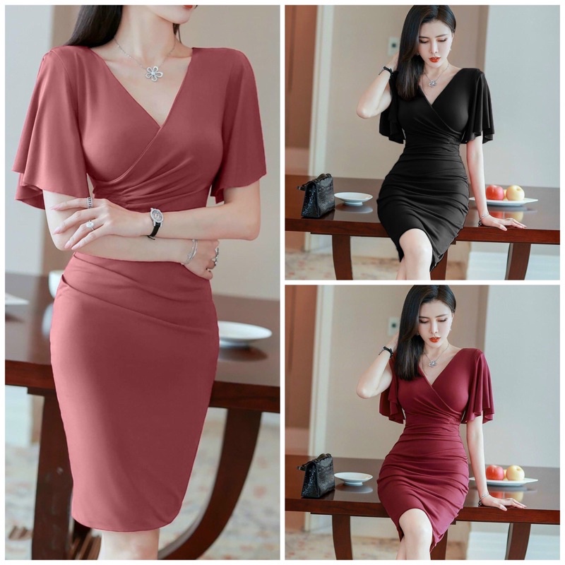 Đầm body cổ v tay cánh tiên sang trọng cao cấp TẶNG KÈM HOA TAI THỜI TRANG