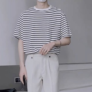 Áo thun sọc nhỏ trắng đen tay lỡ chất cotton MS04