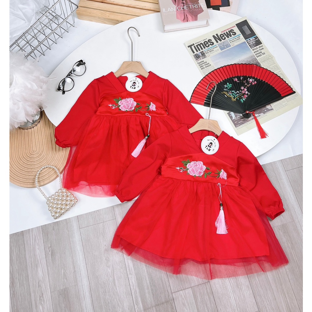 Đầm hanbok đỏ xinh cho bé gái, váy hoa đỏ diện tết siêu xinh