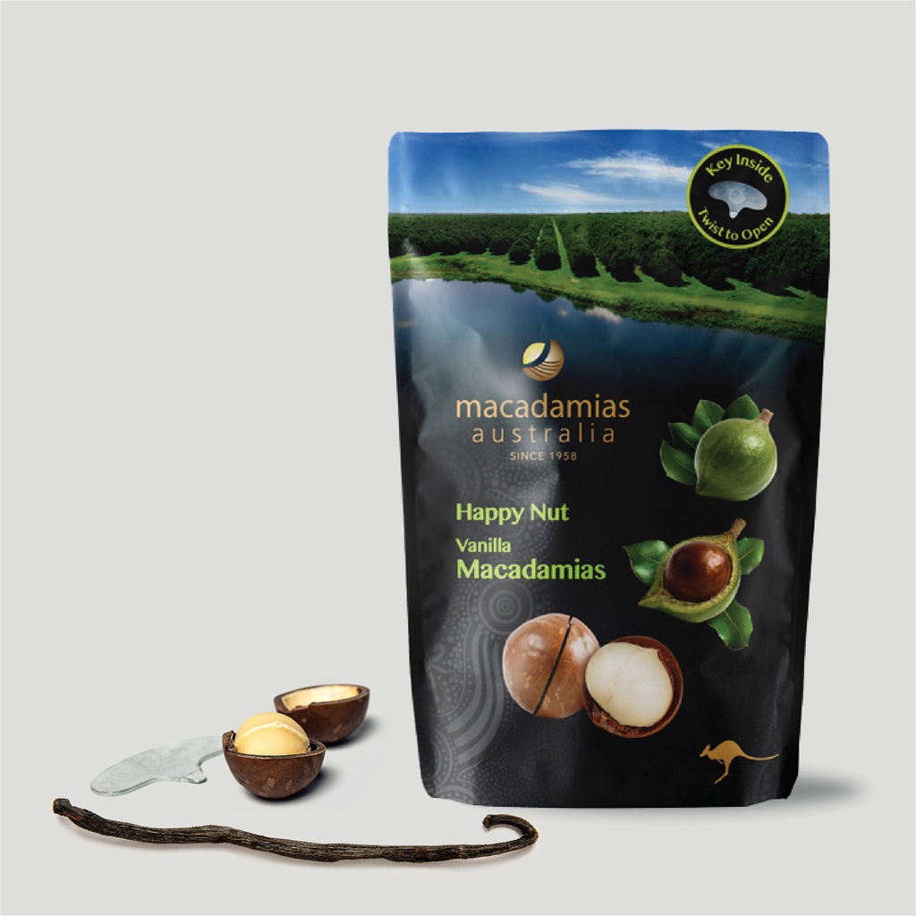 Hạt mắc ca Úc nguyên vỏ vị Vanilla Happy Nut Vanilla Macadamias Australia 225g