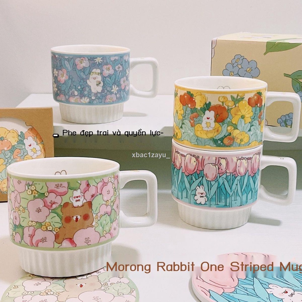 ❉ ✖ Cốc gốm hoạt hình thỏ Momo dễ thương retro có tay cầm cà phê nhà cặp đôi cốc in giá trị cao
