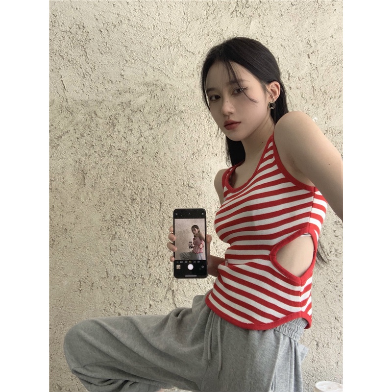 HUANG YOYO Áo Croptop Dệt Kim Sát Nách Cổ Chữ U Họa Tiết Kẻ Sọc Thời Trang Hàn Quốc 2023 Cho Nữ