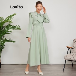 1221de-1206de-Lovito Đầm trơn màu nhã nhặn thắt nơ cổ xếp nếp L24ED105 (Xanh lá nhạt)