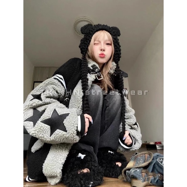 TKLIHN Áo khoác Lông Cừu ulzzang hình NGÔI SAO phong cách Y2K HOT TREND 2023