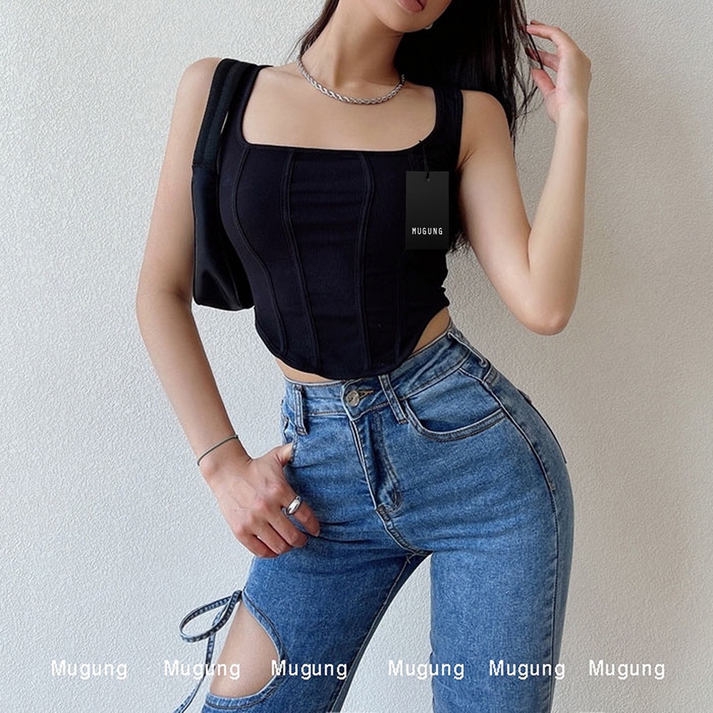 Áo croptop hai dây kiểu croset vạt bầu Mugung Áo 2 dây croptop cổ vuông chất bo gân A76