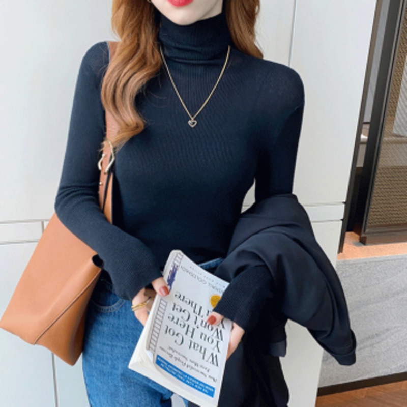 Áo Sweater Dệt Kim Tay Dài Cổ Lọ Màu Sắc Đơn Giản