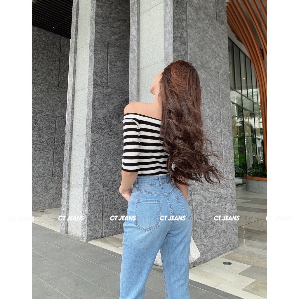 Áo hở vai - Áo thun tay lỡ họa tiết kẻ ngang 100% cotton CS03, CT JEANS