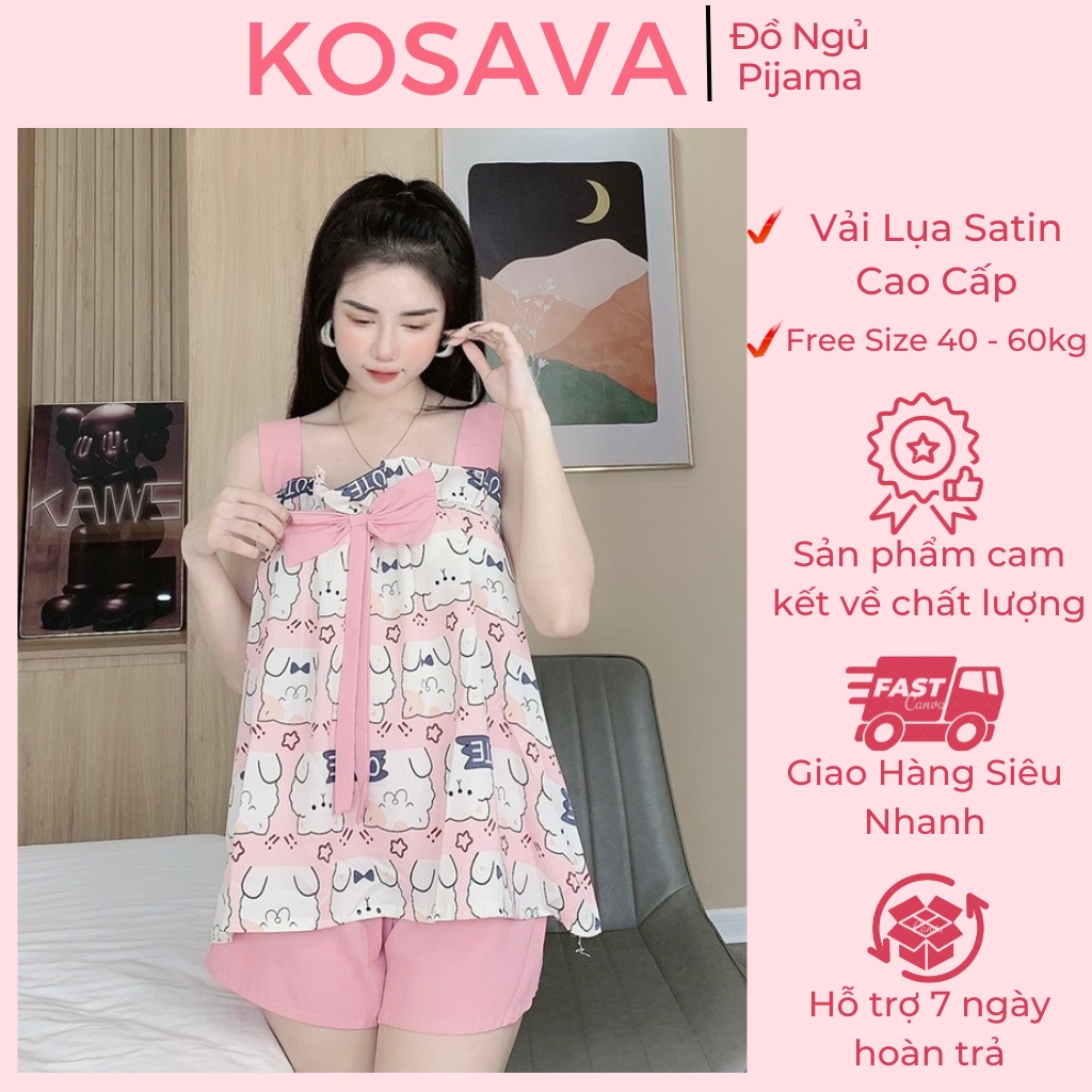 Đồ ngủ hai dây sexy nữ cánh tiên nơ ngực lụa thái chất liệu satin cute KOSAVA