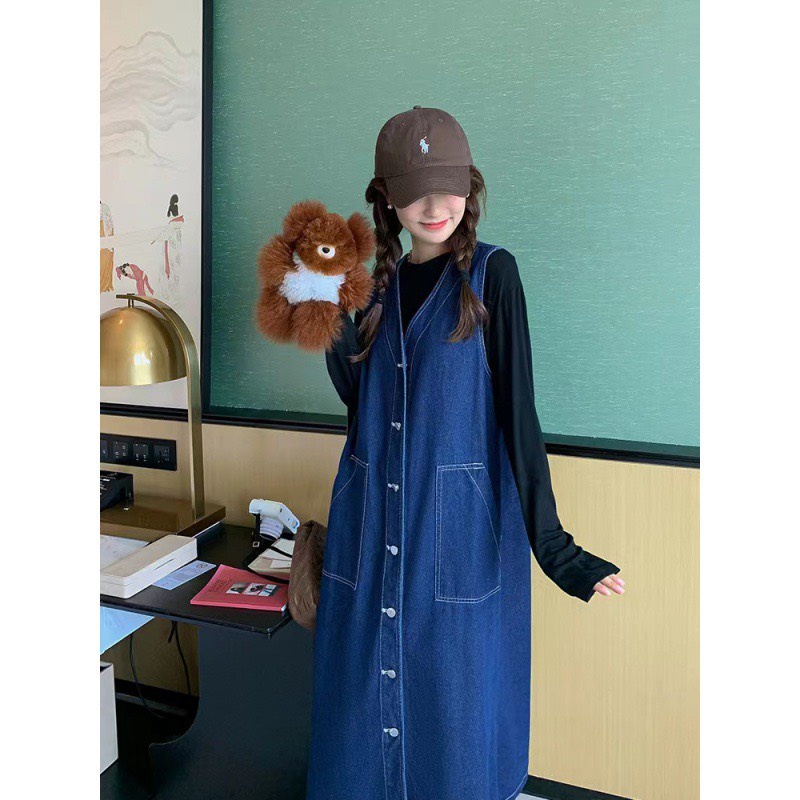 Áo Váy Jean Sát Nách Dài Dáng Dài Nút Cài Cá Tính. Đầm Jean Dáng Rộng Phong Cách Hàn Quốc