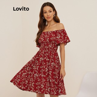 113XJ Đầm Lovito xếp nếp trễ vai họa tiết hoa phong cách thường ngày L19D275 (Màu đỏ)