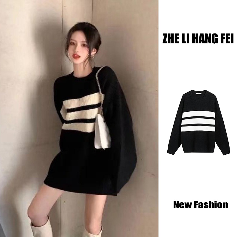 Áo sweater dệt kim ZHELIHANGFEI tay dài dáng rộng kẻ sọc ngang thời trang trẻ trung