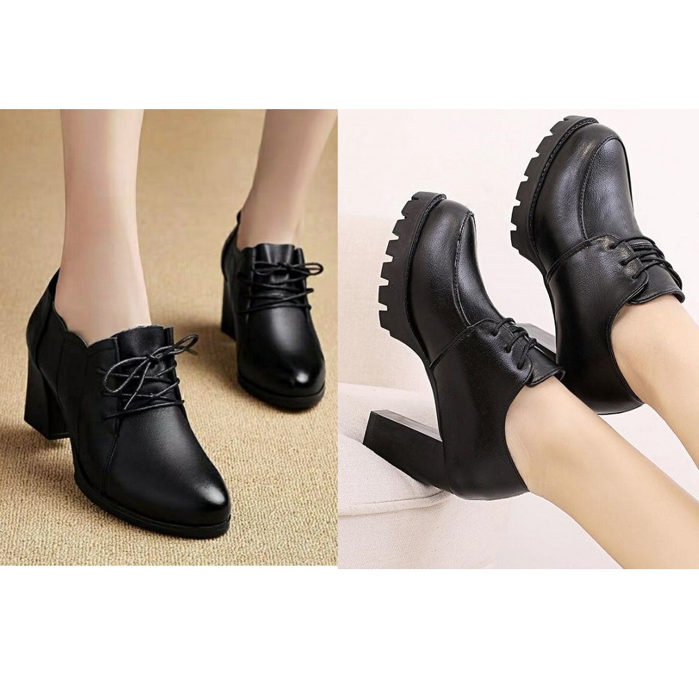 [CHẤT LƯỢNG] Giày boot nữ oxford nữ đế vuông 7 phân cột dây trơn cao cấp, bốt nữ gót vuông phong cách Korea S084