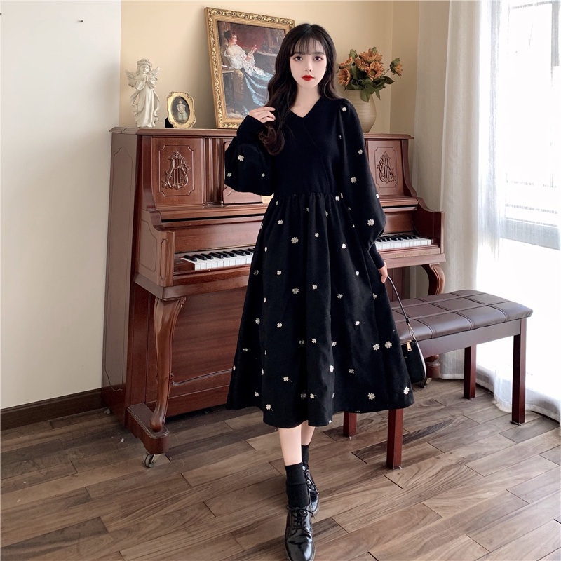 ZHELIHANGFEI Đầm Pháp cổ chữ V tay áo cổ chữ V váy dài kiểu dáng cao đa năng