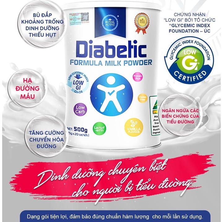 Sữa Cho Người Tiểu Đường ROYAL AUSNZ Diabetic Formula Milk Powder Kiểm Soát Cân Nặng, Tăng Sức Đề Kháng Gói 25g