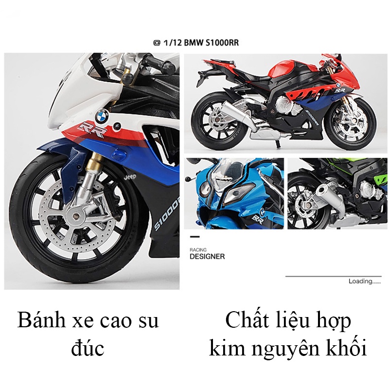 Mô hình xe mô tô BMW S1000rr KAVY bằng hợp kim nguyên khối có nhạc và đèn tỷ lệ 1:12