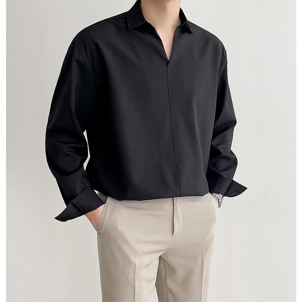 Sơ mi nam cổ chữ V, form rộng Unisex nam nữ tay dài không có khuy phong cách Hàn Quốc AUTOMAN A67